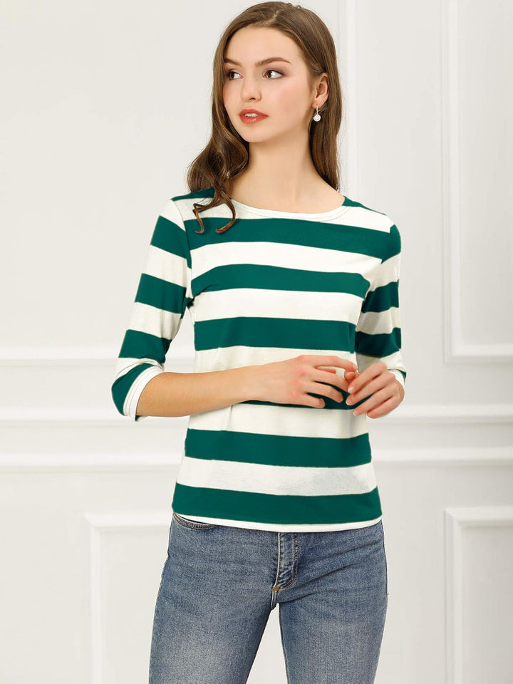 Allegra K Damen Gestreiftes Shirt U Boot Ausschnitt Halbarm Party Ferien Streifen Top Bluse S Grün W