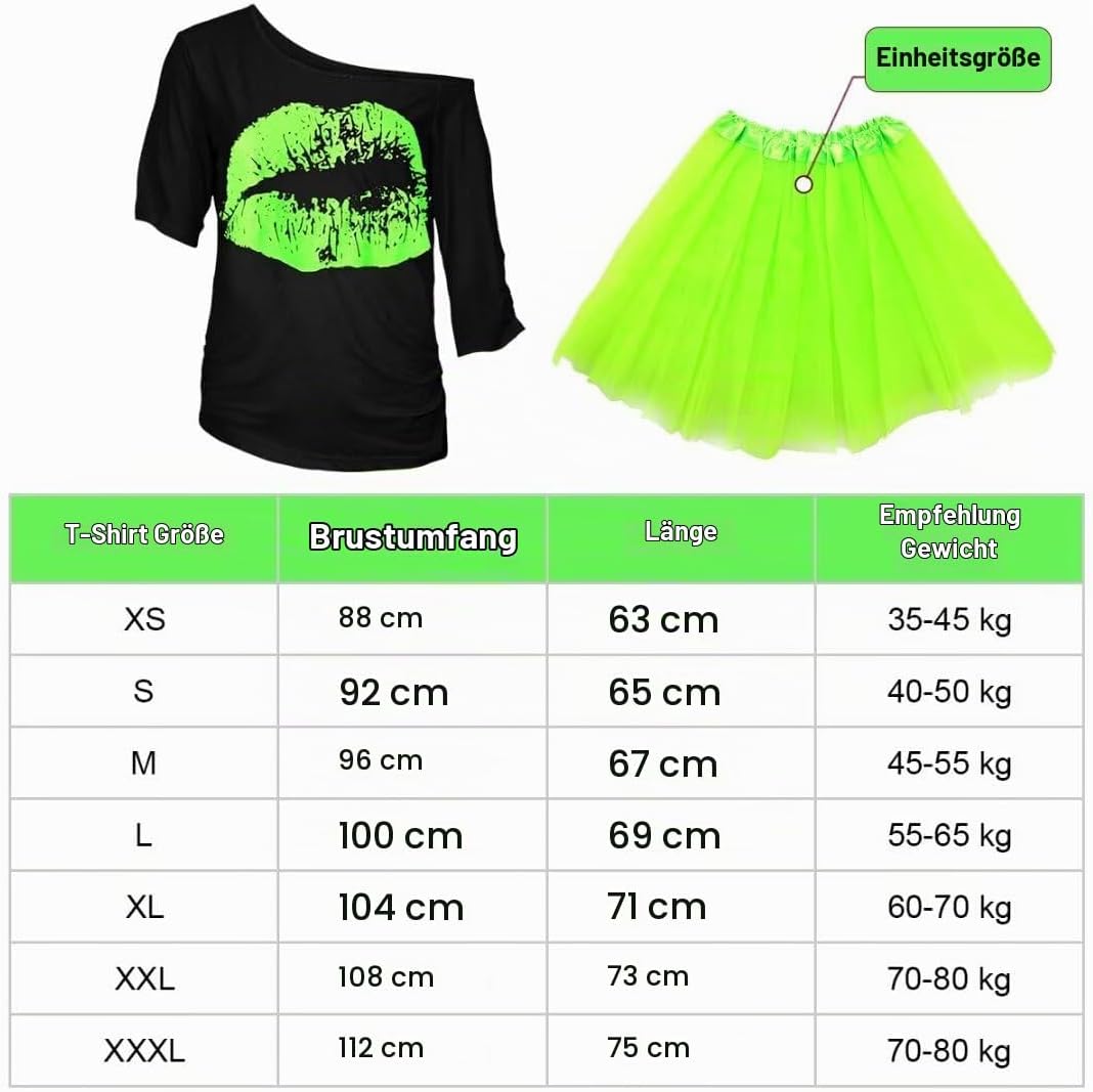 WILDPARTY 80er Jahre Outfit Damen Set, T-Shirt, Tutu, Gürteltasche, Stirnband, Ohrring, Halskette, N