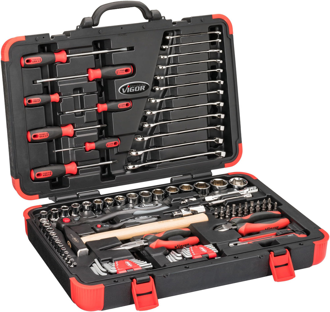 VIGOR Werkzeugkoffer V4425N, 93-tlg. Universal-Satz ∙ 1/4" & 1/2" Vierkantantrieb, Innen- und Aussen