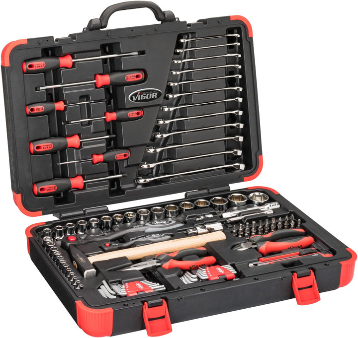 VIGOR Werkzeugkoffer V4425N, 93-tlg. Universal-Satz ∙ 1/4" & 1/2" Vierkantantrieb, Innen- und Aussen