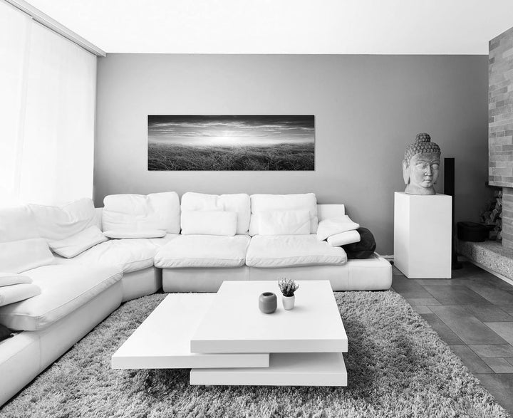 Paul Sinus Art Leinwandfoto als Panorama SCHWARZ/Weiss 150x50cm Feld Herbst Sonnenuntergang Wolken