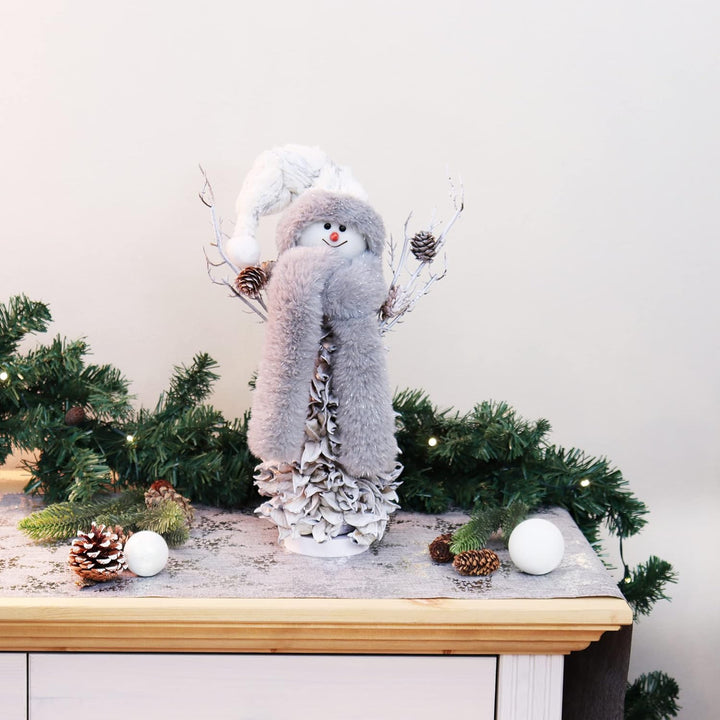 com-four® Schneemannfigur Grösse L Premium, winterliche Dekofigur mit Zapfenkörper aus Blättern, Han