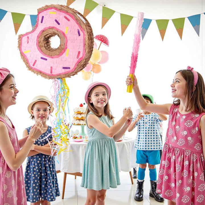 WERNNSAI Donut Pinata – Geburtstag Deko Piñata Mädchen Kinder Rosa Donut Piñata mit Stock Augenbinde