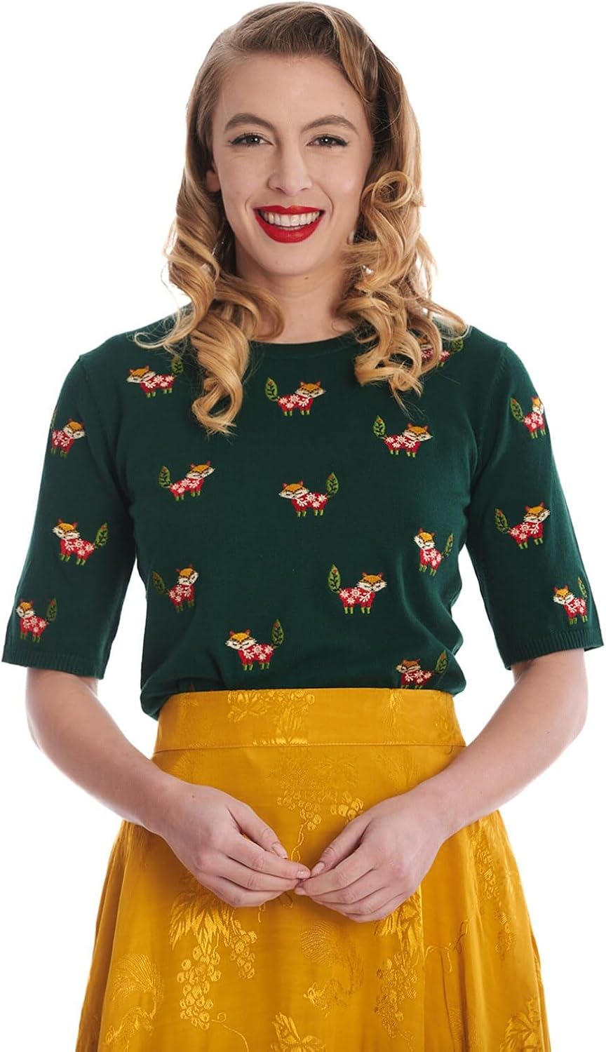 Banned Scandi Strickpullover Holiday Cheer Retro Festlicher Fuchs Weihnachtsbaum L Grün, L Grün