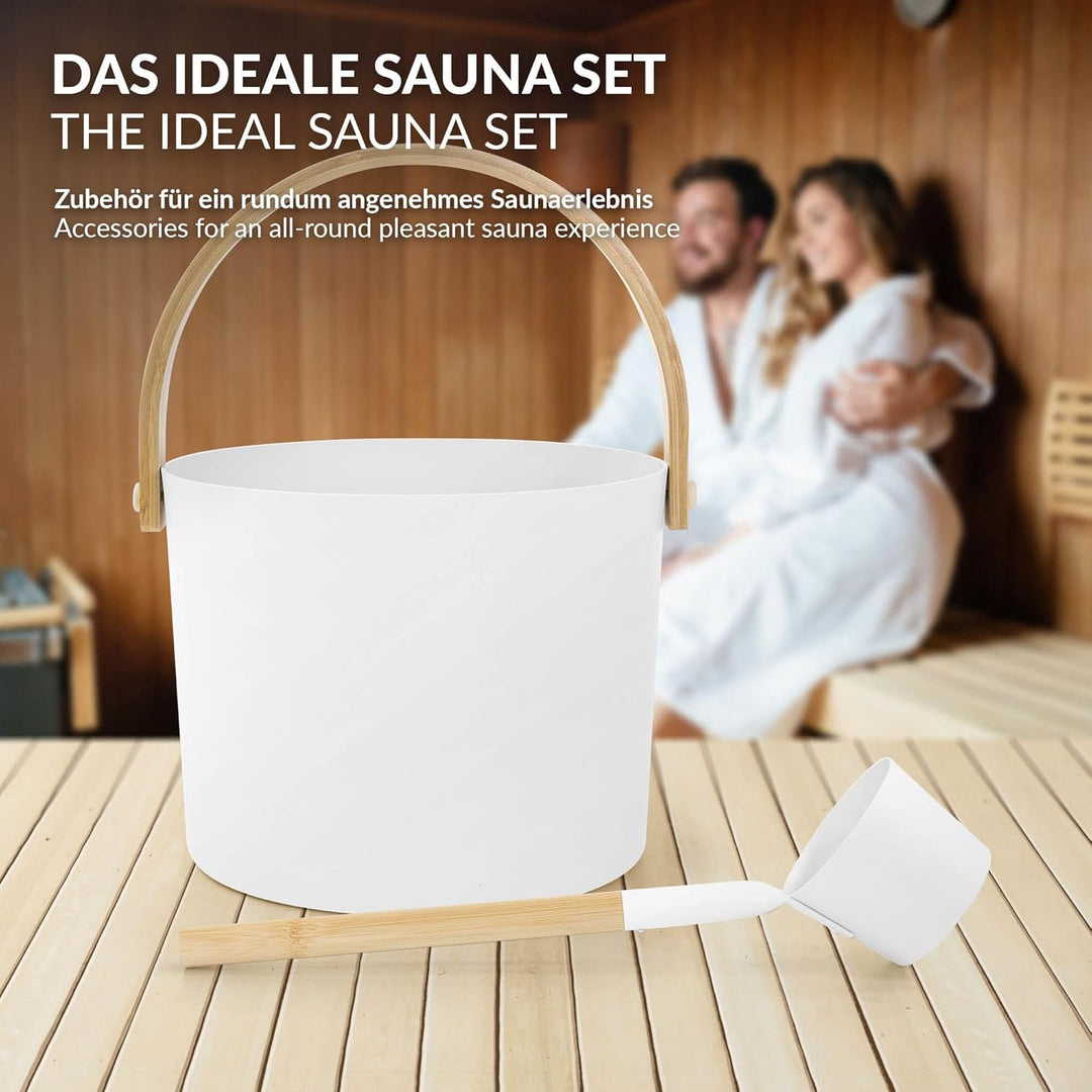 LuxeBath Saunazubehör-Set aus Aluminium & Bambus, Weiss, 2-TLG Sauna Set, Aufgusskübel mit klappbare