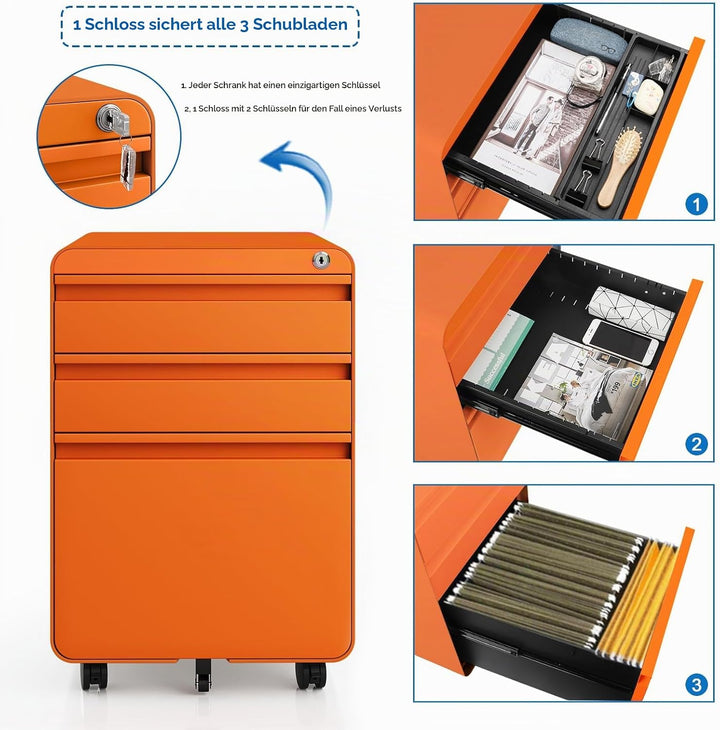 Dripex Metall Rollcontainer Stahl Rollcontainer mit 3 Schubladen oder 2 Schubladen, Abschliessbarer