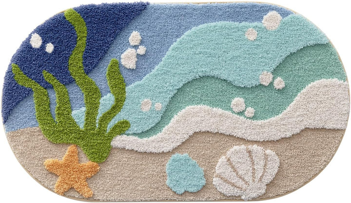 DEXI Ovale Badezimmerteppich 54 x 86 cm, Badematte rutschfest Absorbierende mit Seestern-Strand Must