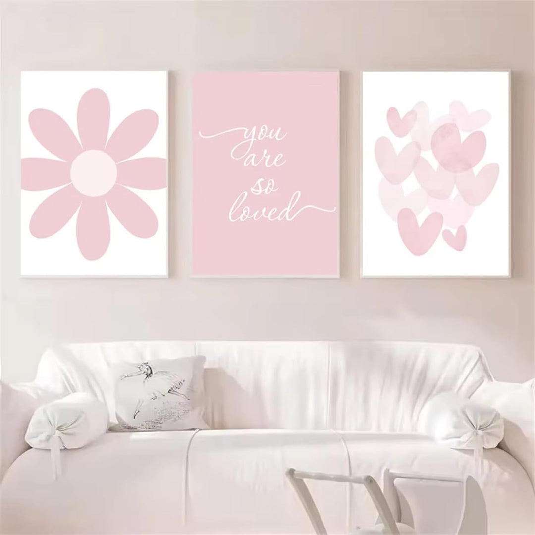 3er Rosa Poster Set, Modernes Aesthetic, Rosa Cartoon Liebe Herz Blume Wandbild, Geeignet für Wohn-