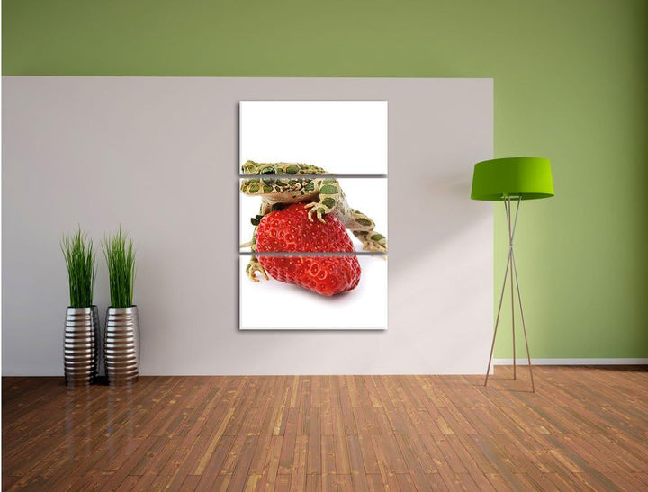 Pixxprint Erdbeere mit Frosch als Leinwandbild/Grösse: 3 Teilig (120x80) cm/Wandbild/Kunstdruck/fert