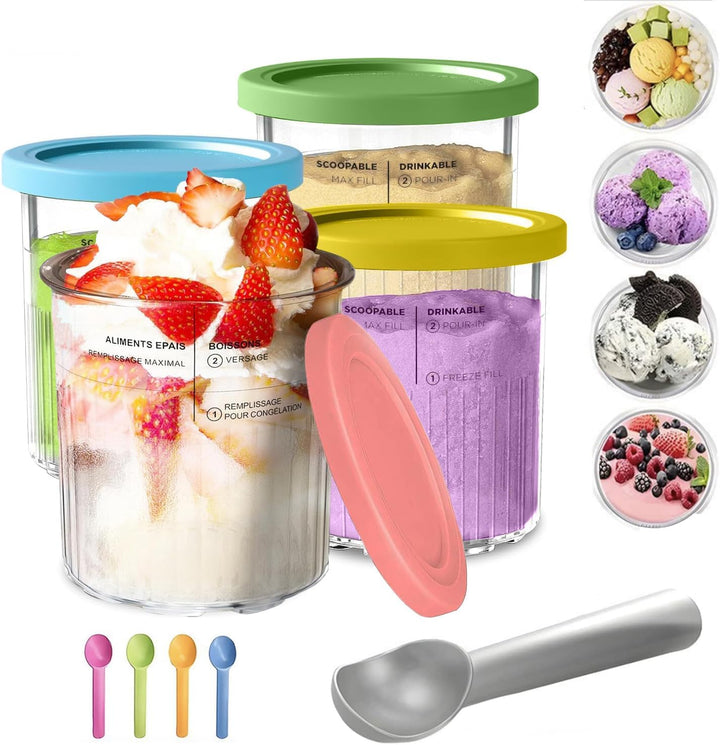 Eisbecher für Ninja Creami Deluxe NC500 NC501 Serie, Ersatz-Eisbehälter mit farbigen Deckeln, Löffel