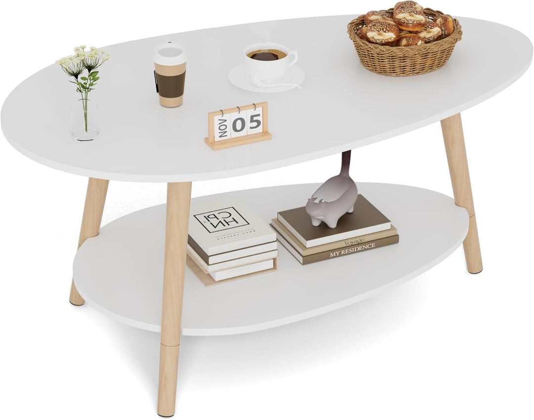 Massivholz Teetisch, Oval-Doppelschicht-Couchtisch, Runder Tisch für das Wohnzimmer, Couchtisch, Sei