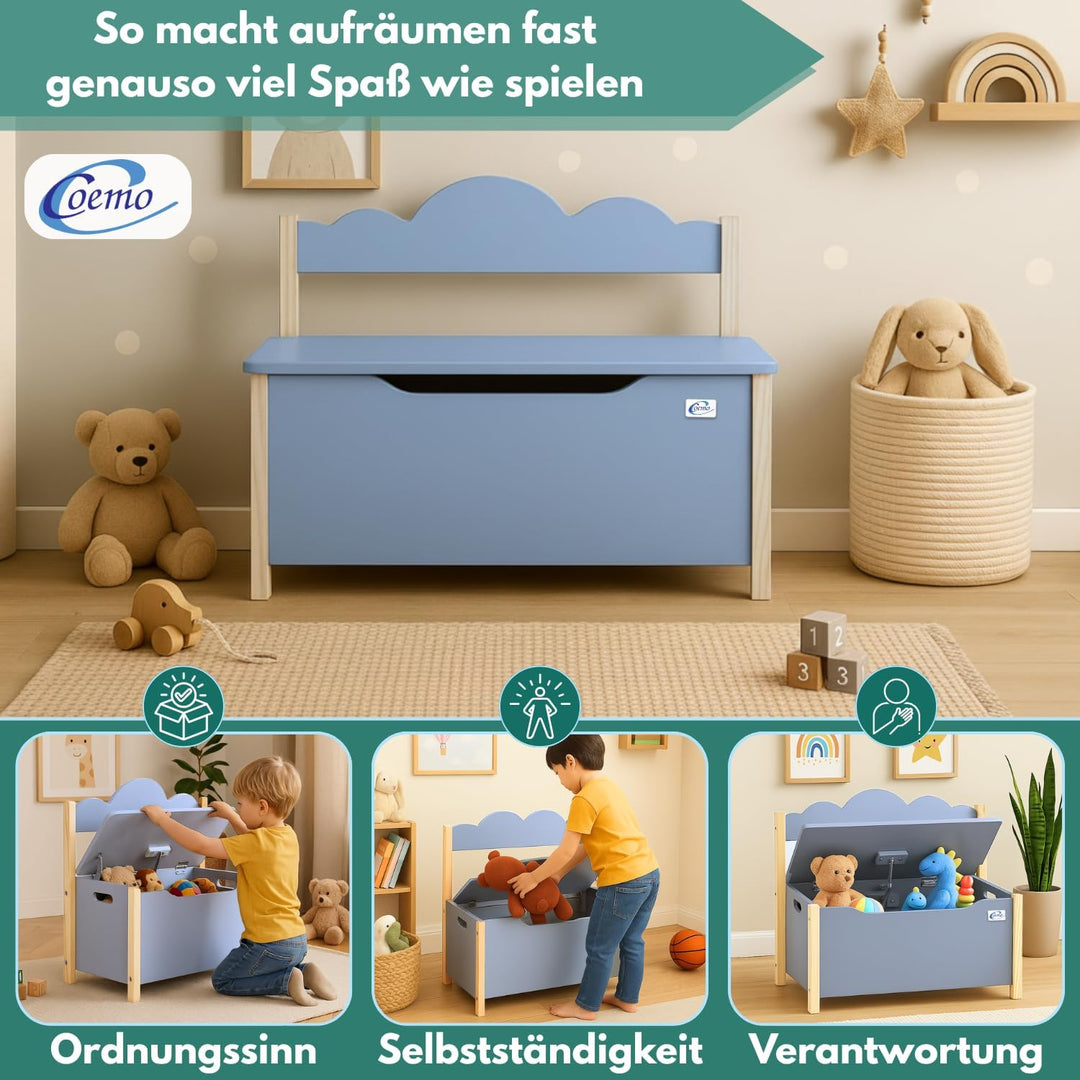 Spielzeugtruhe mit Sitzbank, Holztruhe Grau Trudi 60×26×55 cm – Kinderzimmer Bank mit Stauraum, Spie