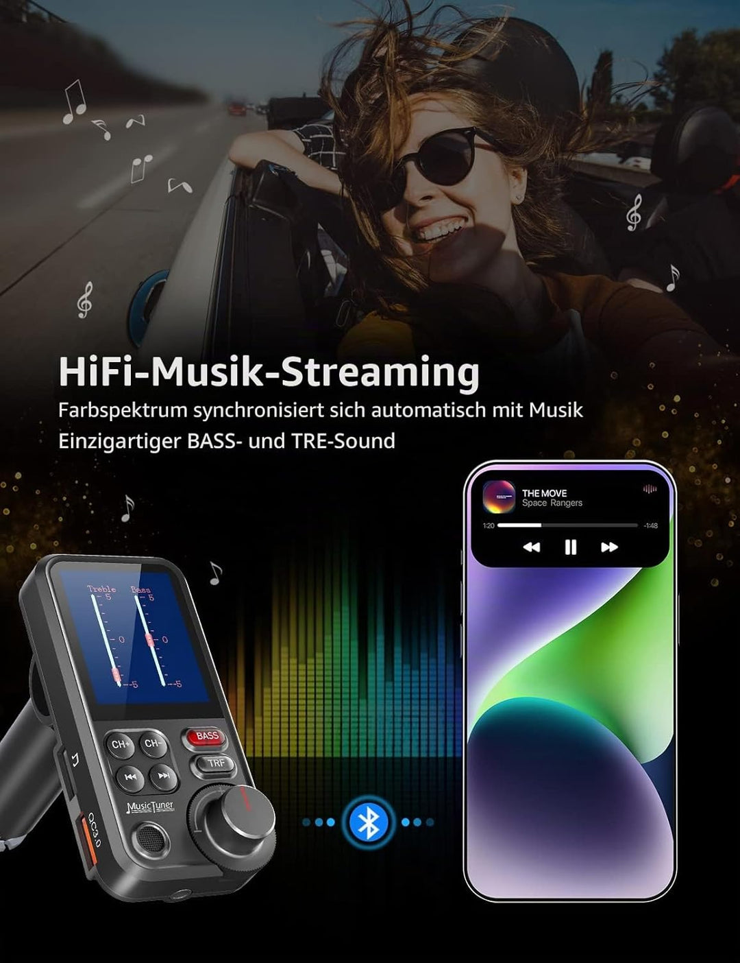 Nulaxy Bluetooth Adapter Auto, Starkes Mikrofon FM Transmitter Auto Bluetooth mit 1,8-Zoll-Farbbilds