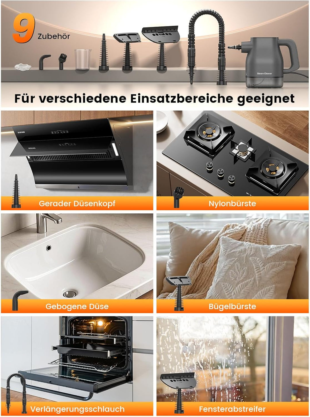 Dampfreiniger mit 10 Sekunden Aufheizzeit, Smart-Touchscreen, Schwarz