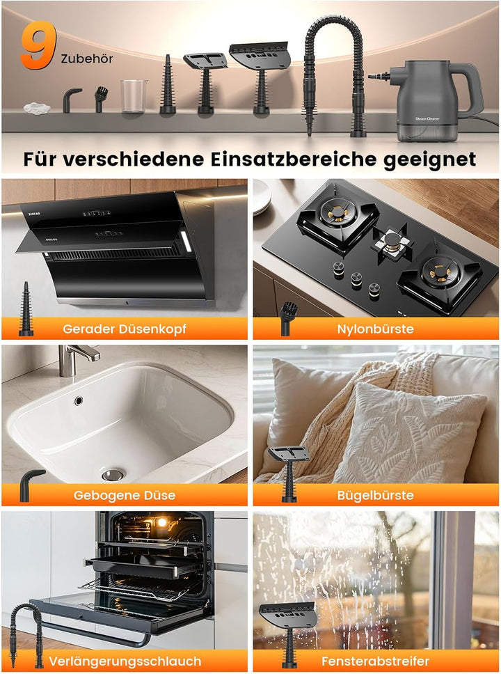 Dampfreiniger mit 10 Sekunden Aufheizzeit, Smart-Touchscreen, Schwarz