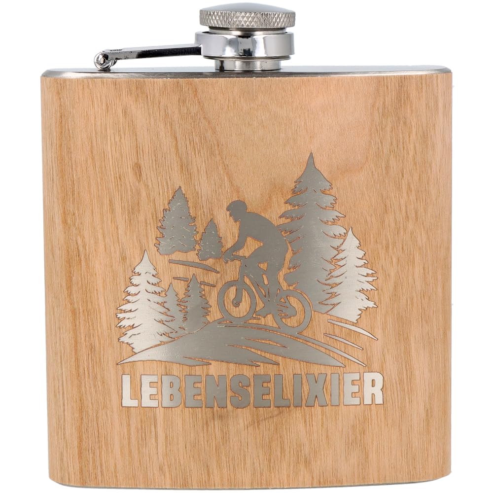 Spruchreif · Flachmann aus Edelstahl mit Gravur Lebenselixier · Geschenk für Fahrradfahrer und Mount