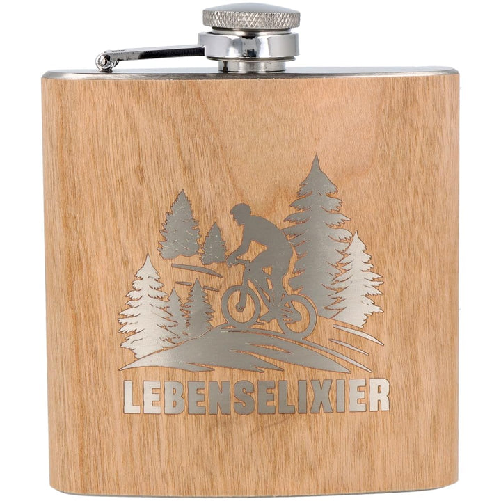 Spruchreif · Flachmann aus Edelstahl mit Gravur Lebenselixier · Geschenk für Fahrradfahrer und Mount