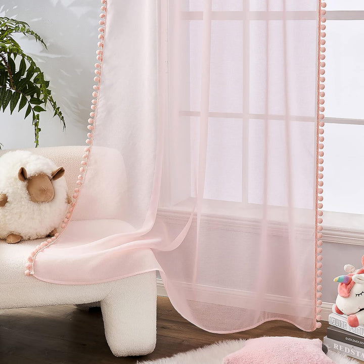MIULEE Gardinen mit Pompons-Hübsche Korallenrosa Transparent Gardinen für Kinderzimmer Mädchen, 2 St
