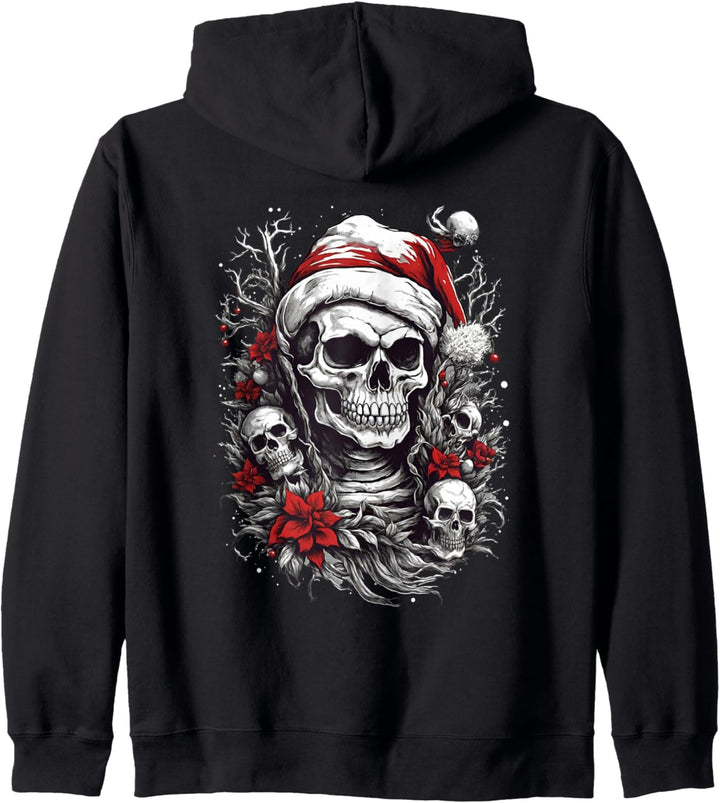Totenkopf mit roter Weihnachtsmütze im Gothic-Biker-Design Kapuzenjacke