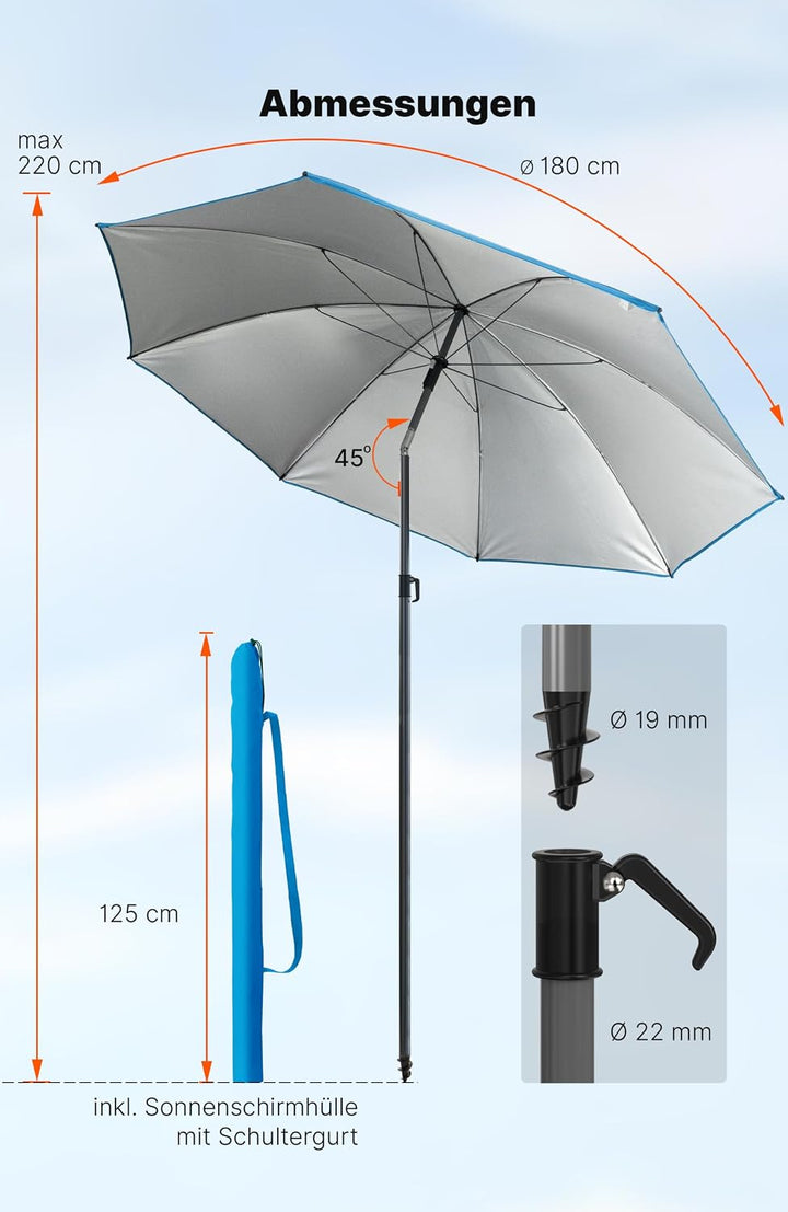 4smile Sonnenschirm Strand SunnyJoy - UPF 50+ Strandschirm Ø 180 cm, sicherer Sonnenschutz Strand, S