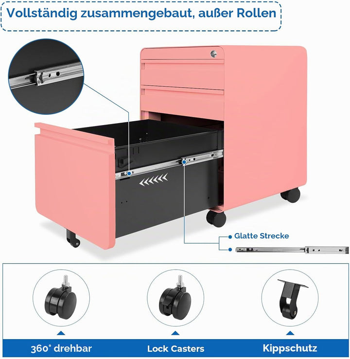 Dripex Metall Rollcontainer Stahl Rollcontainer mit 3 Schubladen oder 2 Schubladen, Abschliessbarer