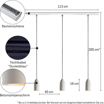 Buchenbusch urban design Esstisch Beleuchtung 3 flammig Küche (33 Kabelfarben) LED dimmbar Beton gra