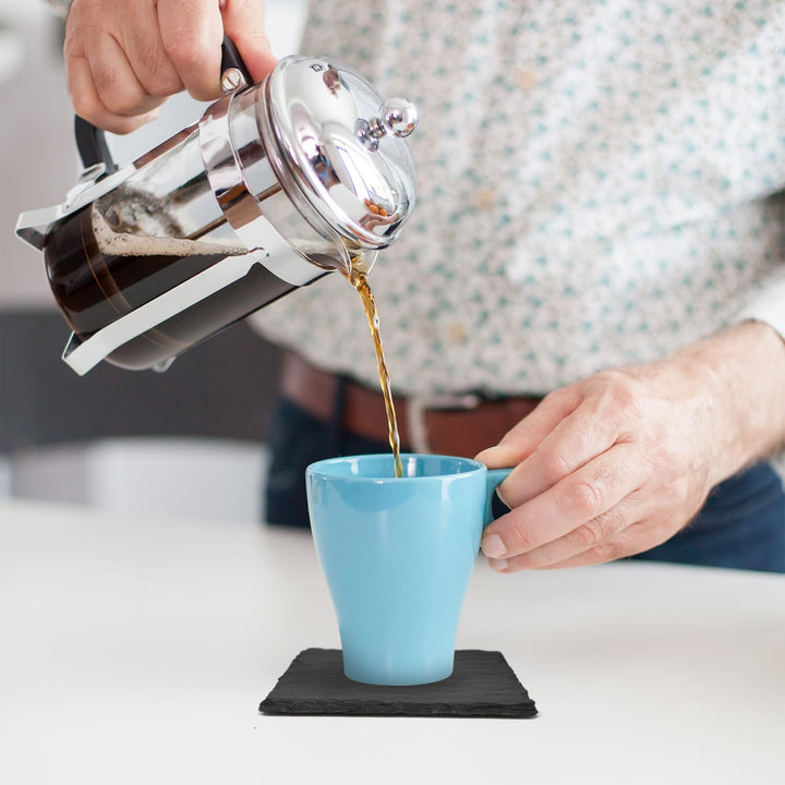Joeji's Kitchen 10er Set Stein Schiefer Untersetzer für Getränke mit Bambus Halter - Hitzebeständige