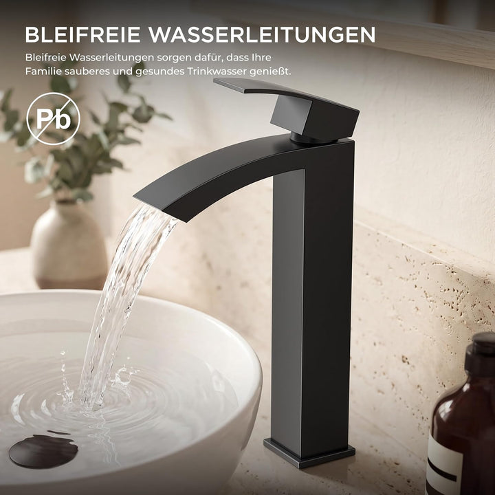 FORIOUS Wasserhahn Bad Schwarz mit Ablaufgarnitur, Wasserfall Waschtischarmatur Hoch mit Auslauf Höh