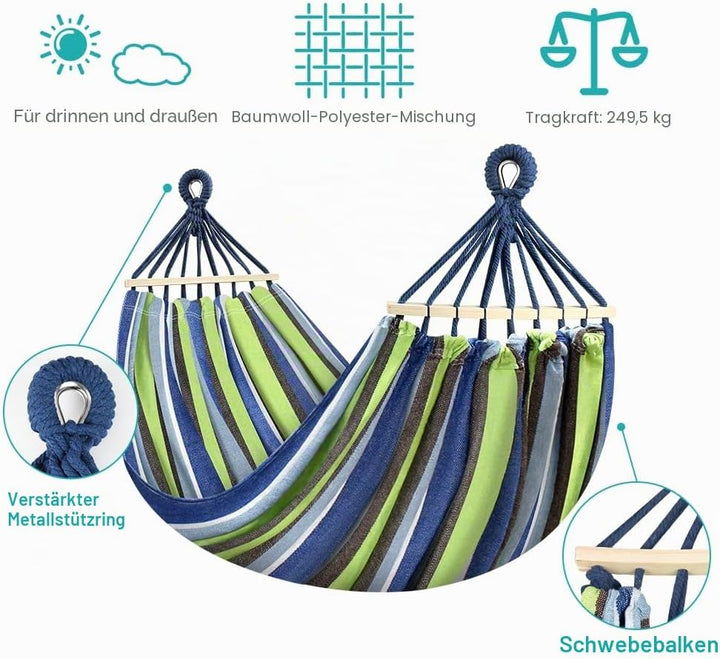 Hängematte Outdoor Camping Hängematte mit gebogener Holzstange, Befestigungsgurte und Tragetasch für