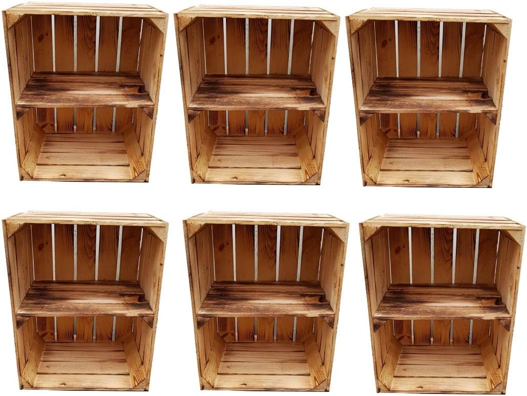 Teramico Massive Holzkisten als Schuhregal/Bücherregal LEICHT GEFLAMMT mit Zwischenbrett (verschraub