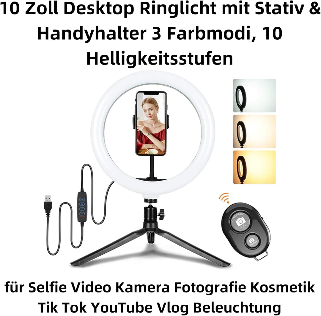 D93CS 10 Zoll Desktop Ringlicht mit Stativ & Handyhalter – Dimmbare LED-Beleuchtung, 3 Farbmodi, 10