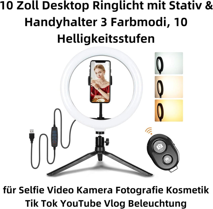 D93CS 10 Zoll Desktop Ringlicht mit Stativ & Handyhalter – Dimmbare LED-Beleuchtung, 3 Farbmodi, 10