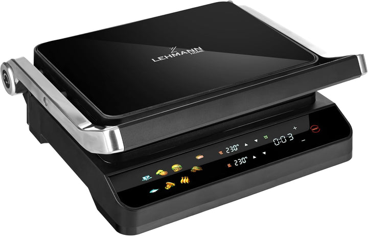 LEHMANN Kontaktgrill, 2000 W, Tischgrill 180° aufklappbar, Abnehmbare Antihaftplatten, Display: 10 P