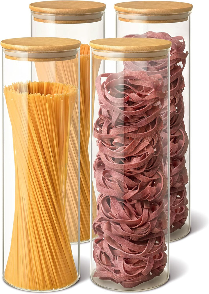 Praknu Spaghetti Aufbewahrung - 4er Set Vorratsdosen glas mit Deckel - Luftdicht mit Holzdeckel - Sp