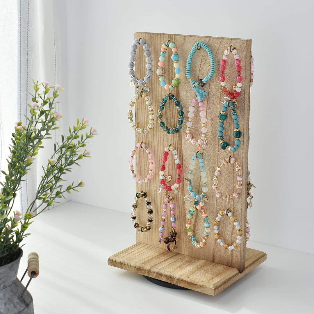 Ikee Design Drehbarer zweiseitiger Schmuckständer aus Holz, drehbarer Organizer mit 32 Haken zur Auf