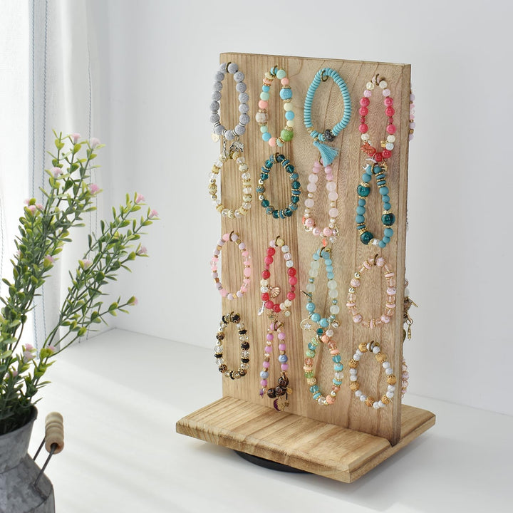 Ikee Design Drehbarer zweiseitiger Schmuckständer aus Holz, drehbarer Organizer mit 32 Haken zur Auf