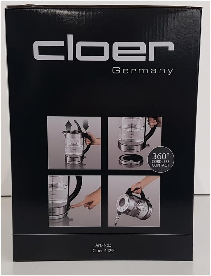 Cloer 4429 Glas Wasserkocher,Testsieger Haus und Garten 02.2019, 2200 Watt, LED-Beleuchtung, verrieg
