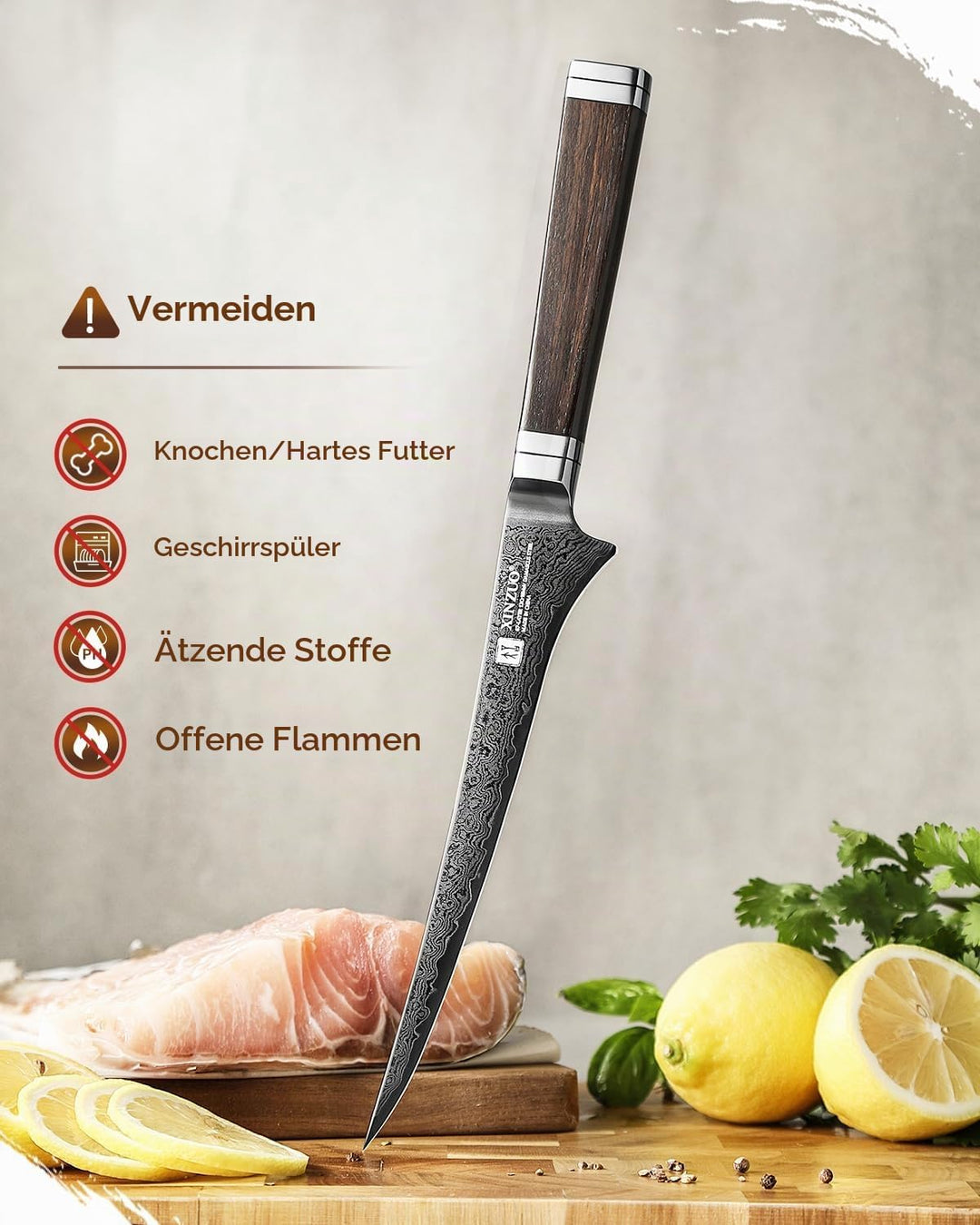 XINZUO 18,4cm Damaststahl Filetiermesser-Schwarze Klinge -67 Schichten Damastmesser Fischmesser Prof