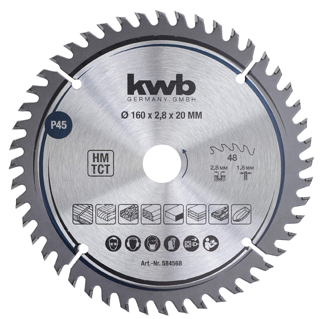kwb Kreissägeblatt 160 x 20 mm, sehr feiner Schnitt, Sägeblatt geeignet für Arbeitsplatten, Holz und