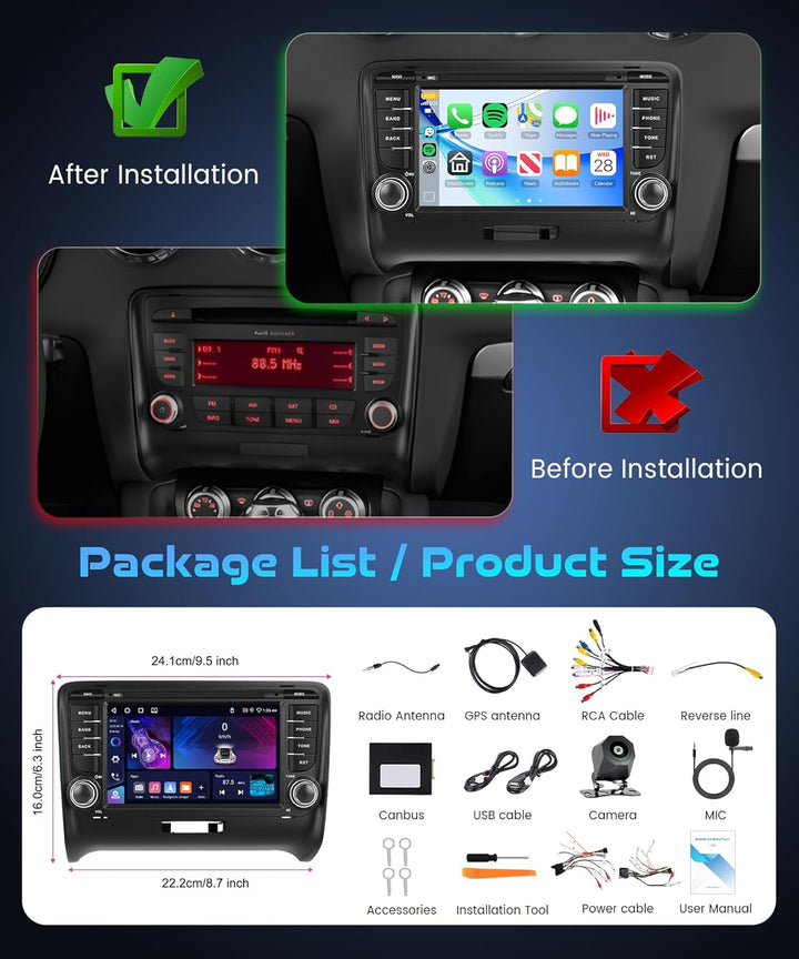 Rimoody 4G+64G Autoradio Android für Audi TT MK2 2006-2014, 7 Zoll Radio mit Wireless Carplay Androi