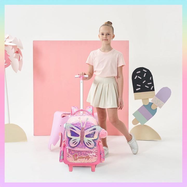 HTgroce Schulranzen Rucksack Trolley mit 2 Rollen für Kinder Mädchen, Einhorn Schulranzen mit Rollen