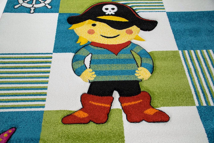 CARPETIA KINDERTEPPICH SPIELTEPPICH Pirat TÜRKIS BLAU Creme Grösse 120 cm Rund, 120 cm Rund