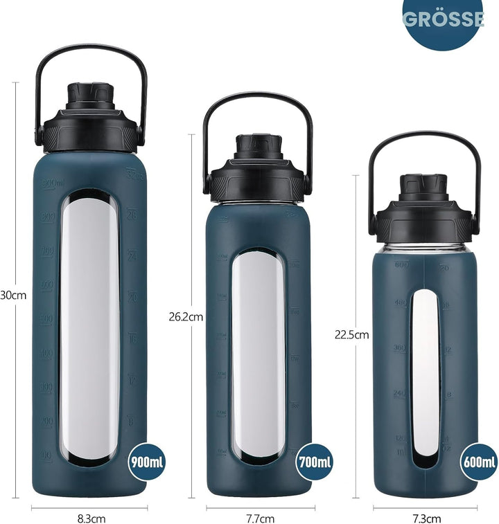 BLUEGO 900ml Glaswasserflasche mit Strohhalm und 2 Deckeln Kaffeetasse aus Glas mit Zeitmarkierung u