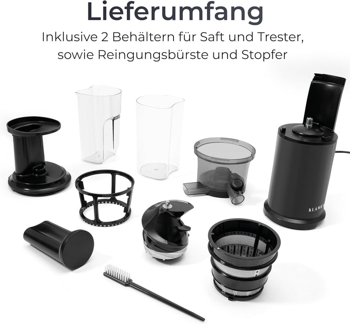 KLAMER Slow Juicer Gemüse und Obst, Entsafter mit Rückwärtsgang, elektrische Fruchtpresse mit Bürste