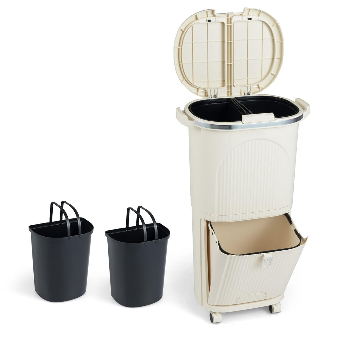 COSTWAY Mülleimer Küche, Mülltrennsystem 3 Fächer, 2 x 12L Inneneimer & 14L Treteimer, Abfalleimer m