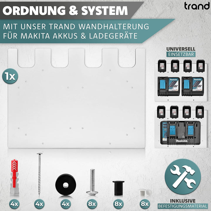 trand Wandhalterung für Makita Akkus und Ladegeräte | stabiler 4er Akkuhalter und Ladegeräthalter |
