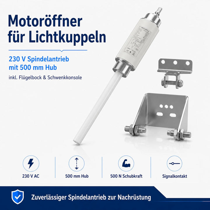 Motoröffner, Spindelantrieb Lichtkuppel 230V / 500mm HUB, JMBB 500-0500-LS mit Halterungen
