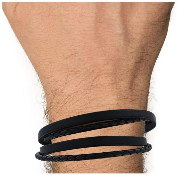Les POULETTES BIJOUX - Herren Armband Zwei Streifen Leder Flach und Rund Geflochtene Edelstahl Schli