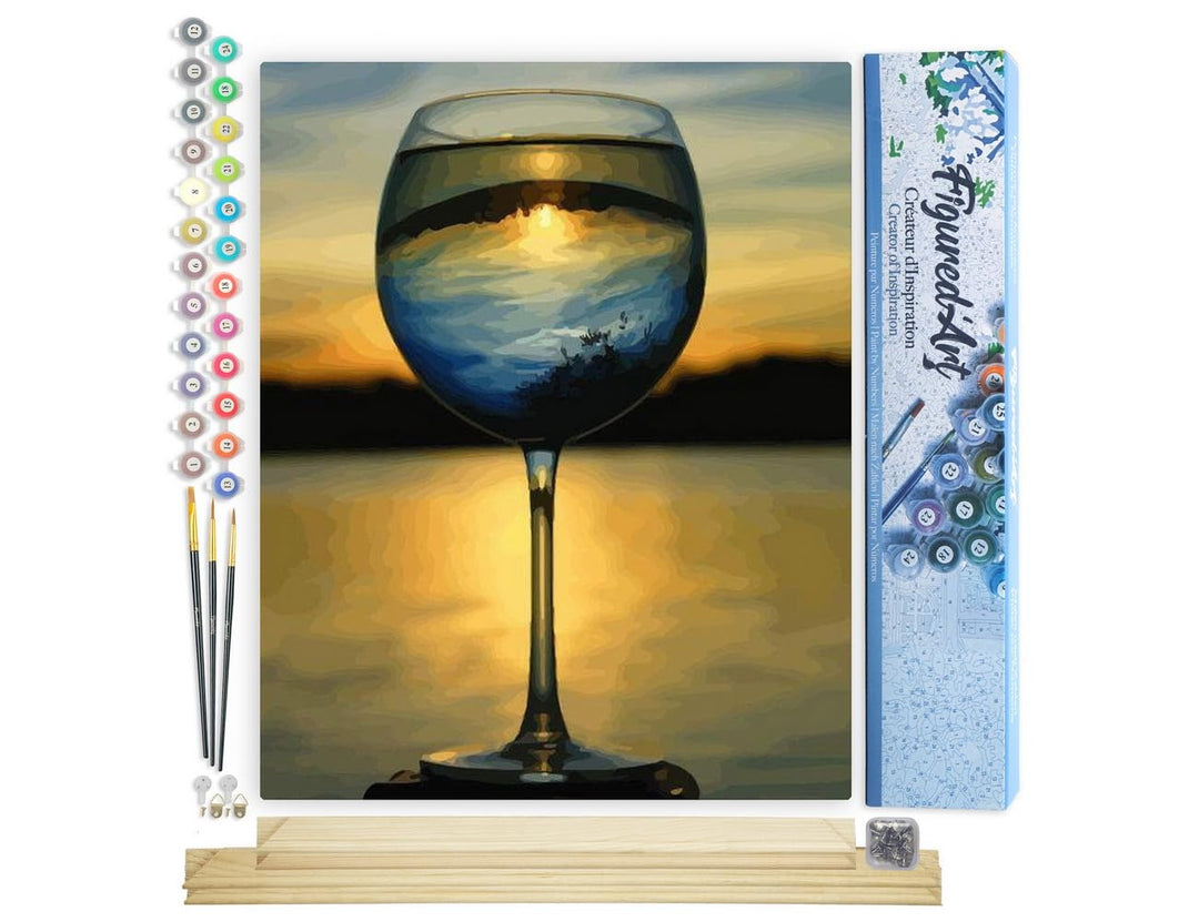 Figured'Art Malen Nach Zahlen Erwachsene Mit Rahmen Glas Wein und mit Aussicht auf den Horizont - Pa