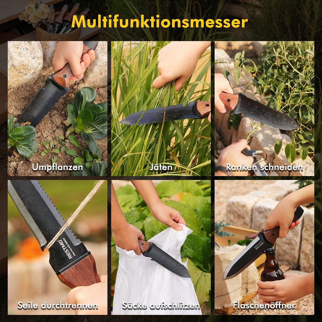 RESTMO Hori Hori Gartenmesser, Doppelseitige Edelstahlklinge mit Sägezahnung, Tiefenskala & Nylonsch